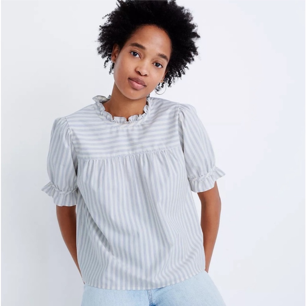 Madewell Blue White Cotton Striped Ruffle Neck Top Blouse XL